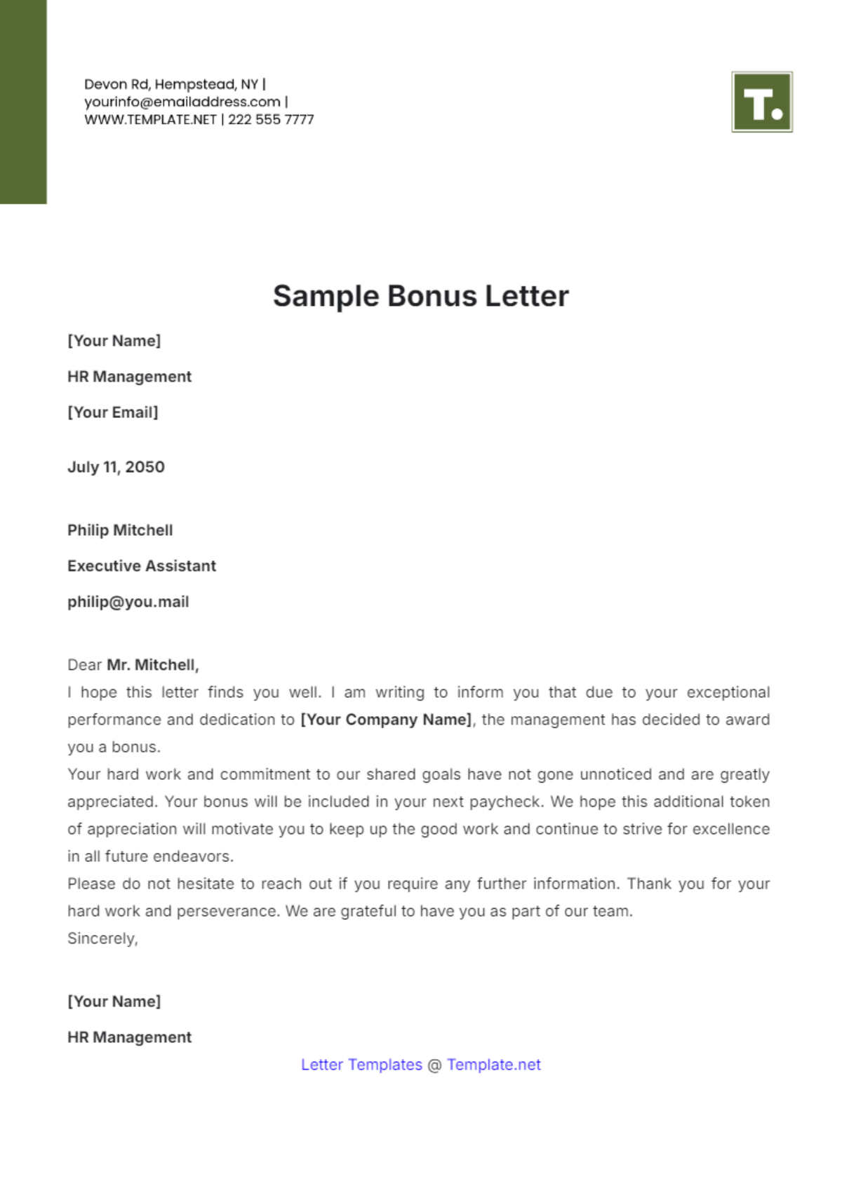 Bonus Sample Letter Template - Edit Online & Download