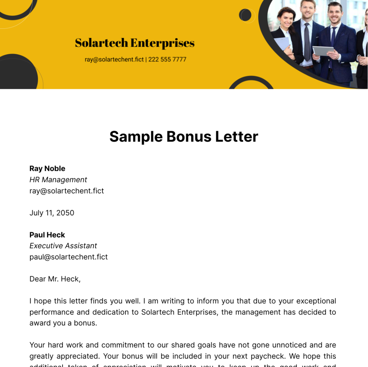 Sample Bonus Letter Template