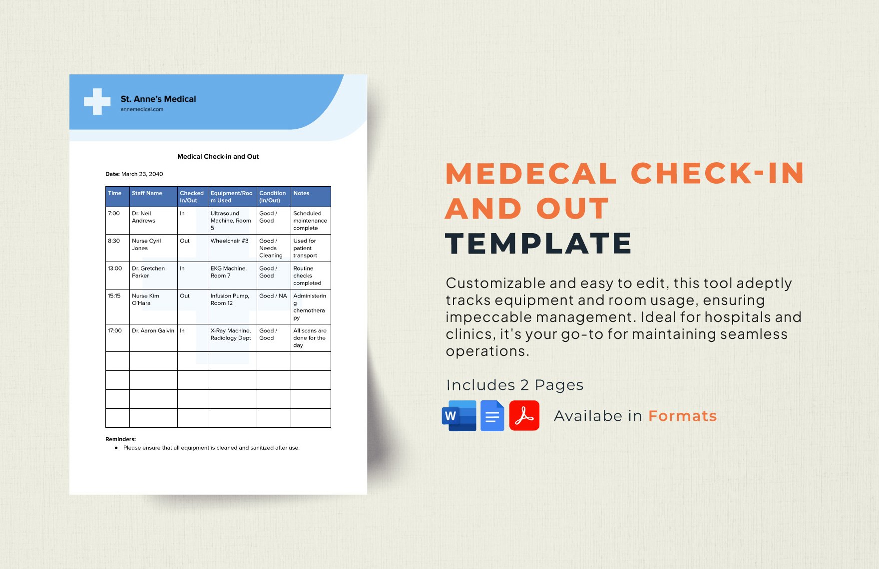 Medical Check-in and Out Template in Word, Google Docs, PDF