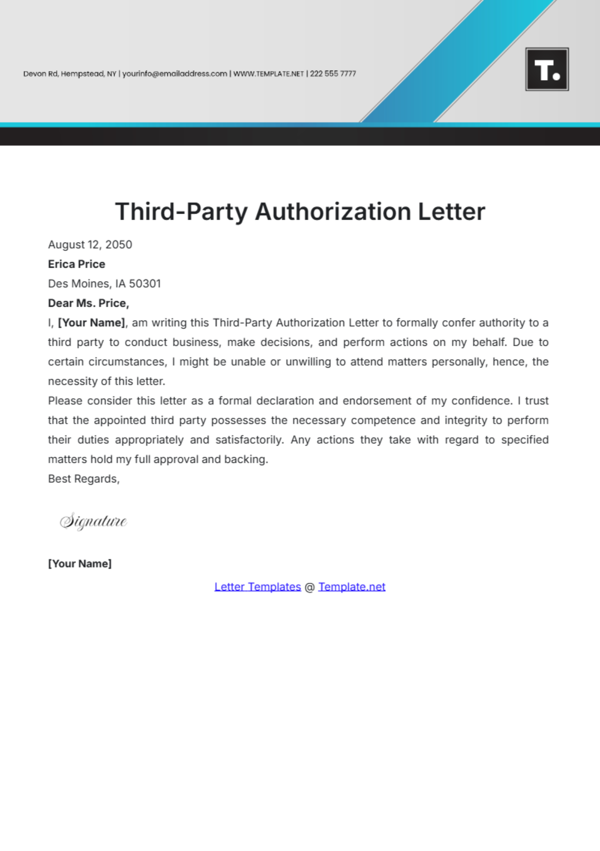 Third Party Authorization Letter Template - Edit Online & Download