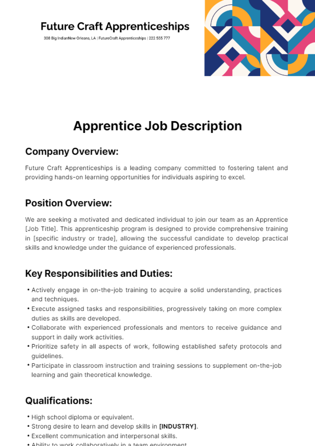Apprentice Job Description Template
