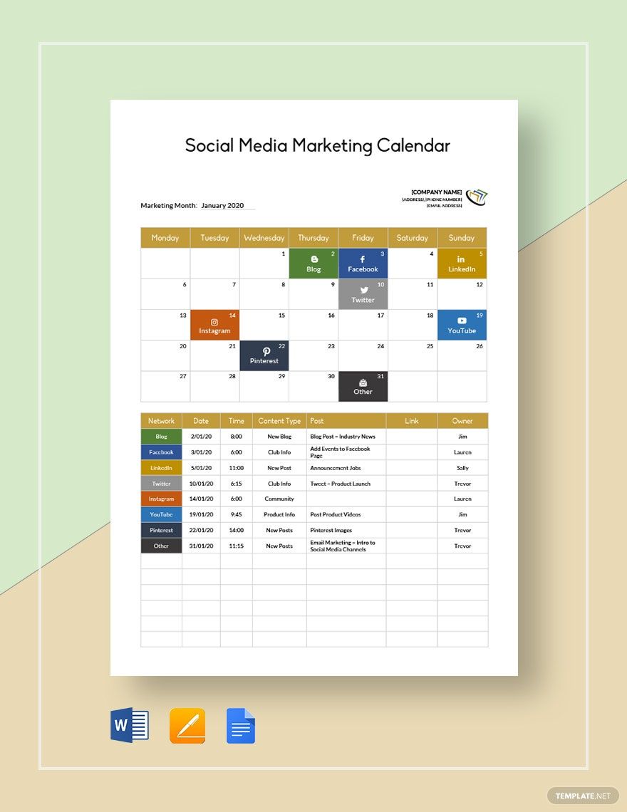 Social Media Calendar Template in Google Docs FREE Download