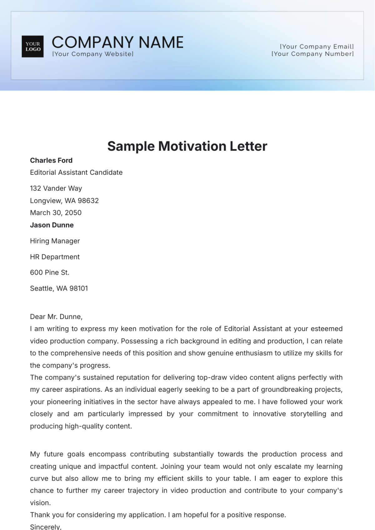 Sample Motivation Letter Template - Edit Online & Download