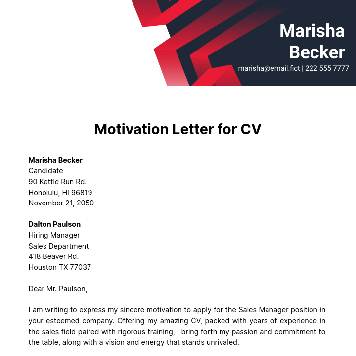 Motivation Letter for CV Template