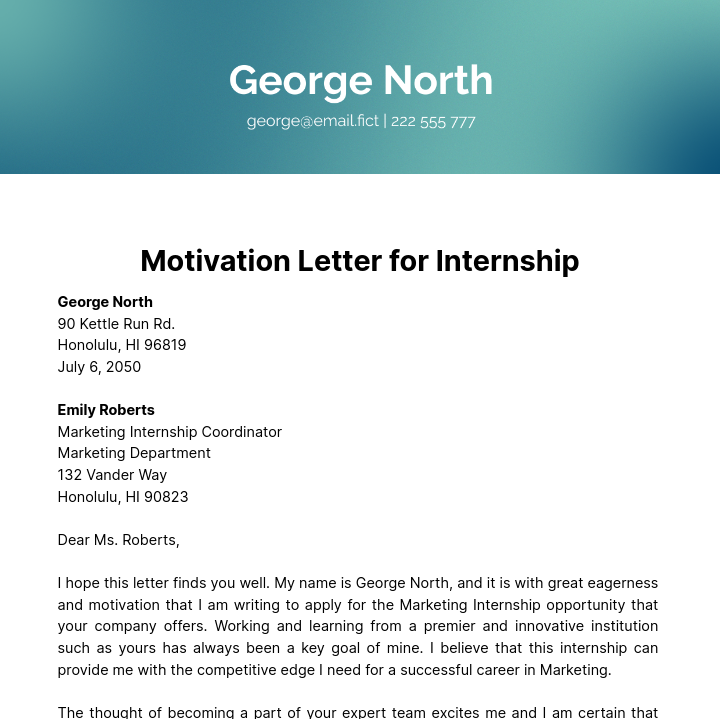 Motivation Letter for Internship Template