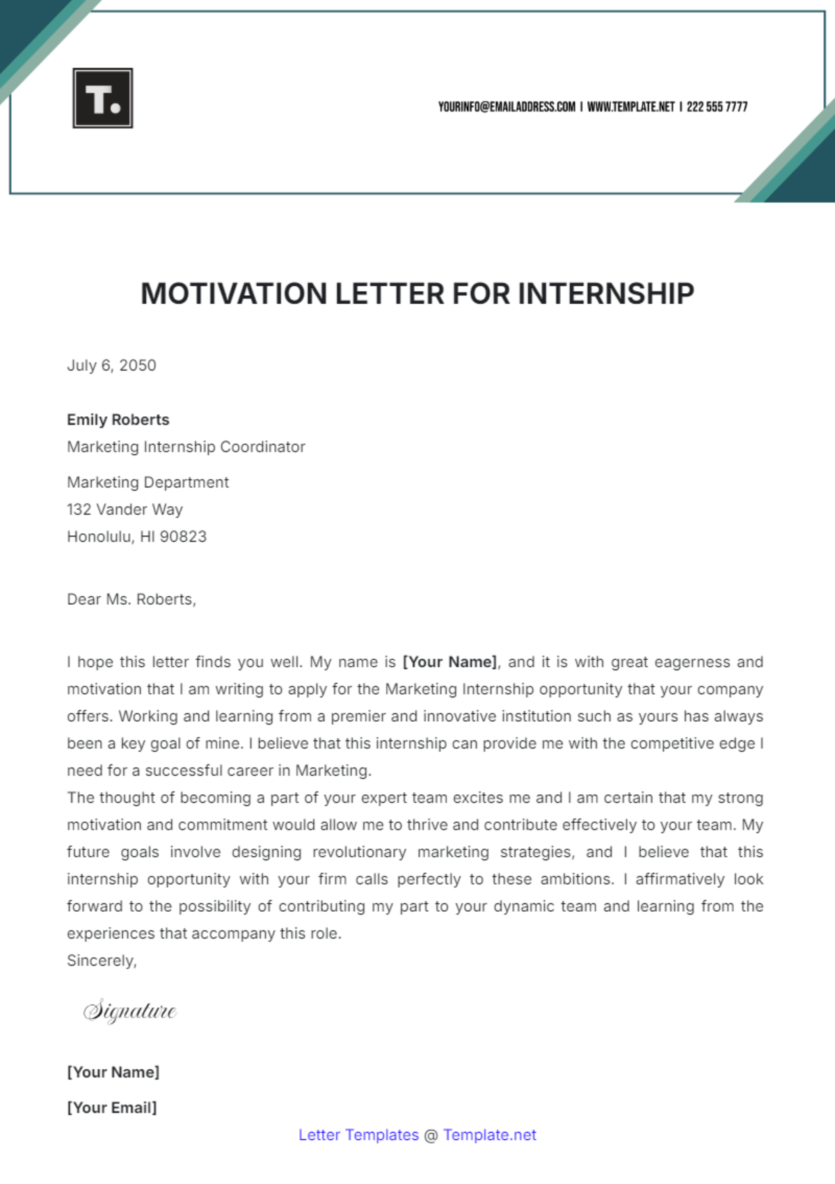 Motivation Letter for Internships Template