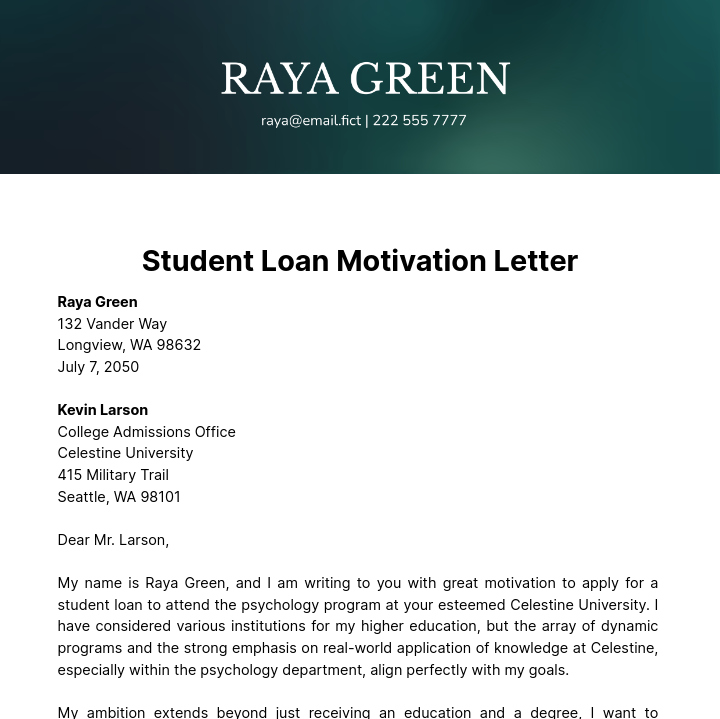 Student Loan Motivation Letter Template