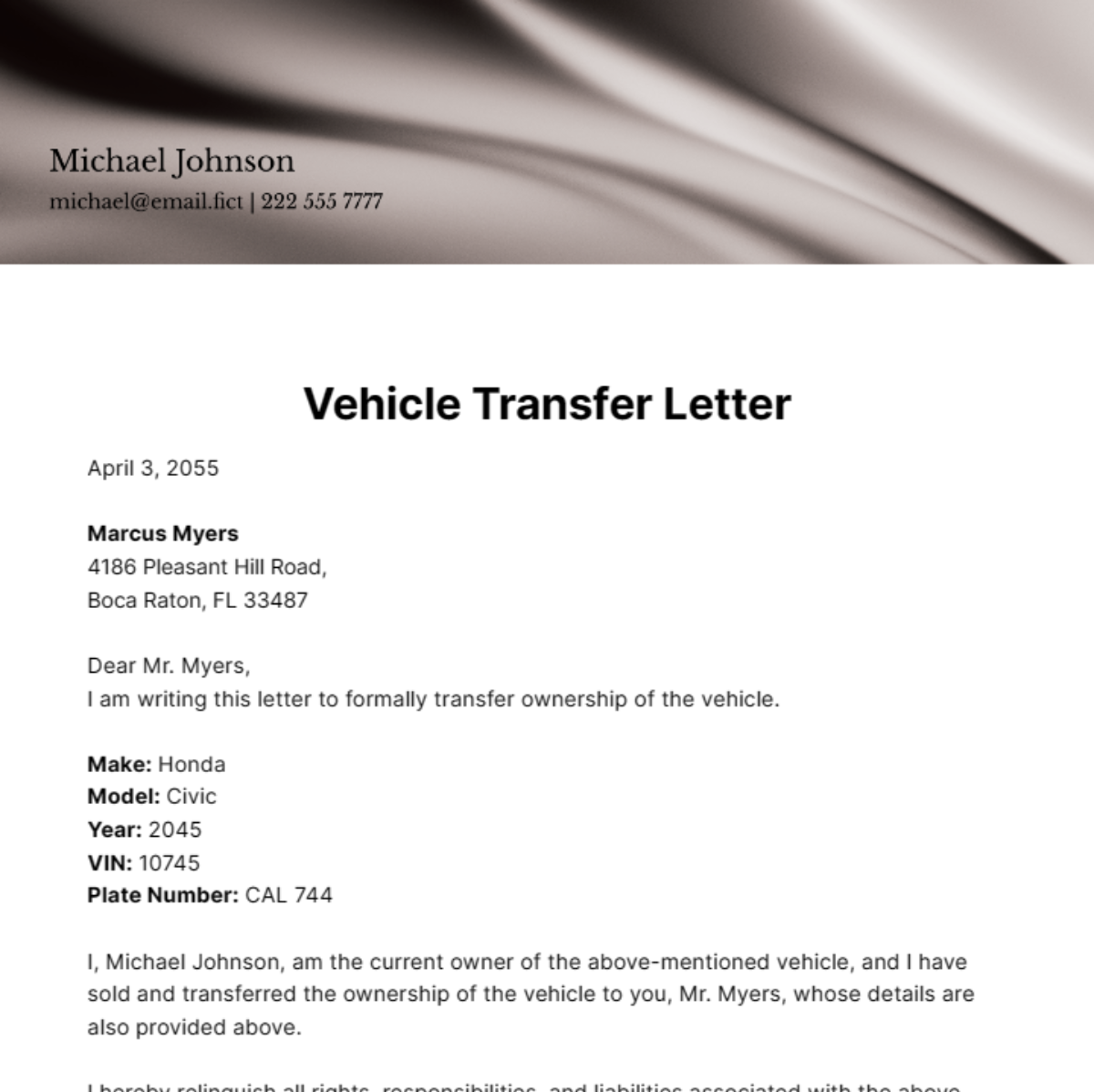 Vehicle Transfer Letter Template