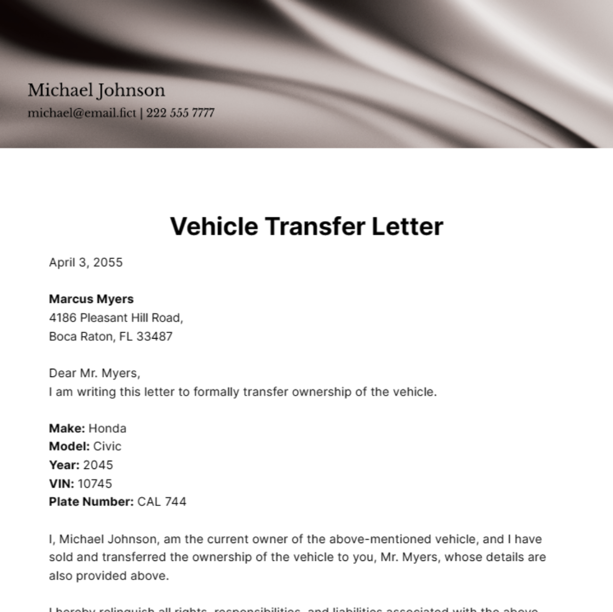 Free Vehicle Transfer Letter Template To Edit Online Free Vehicle Transfer Letter Template To Edit Online