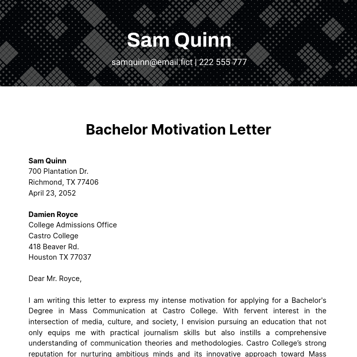 Bachelor Motivation Letter Template