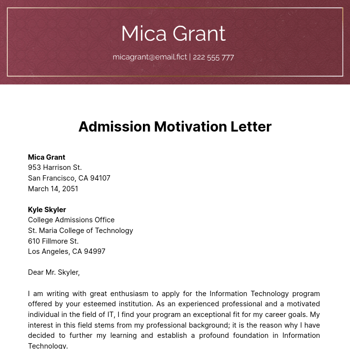 Admission Motivation Letter Template