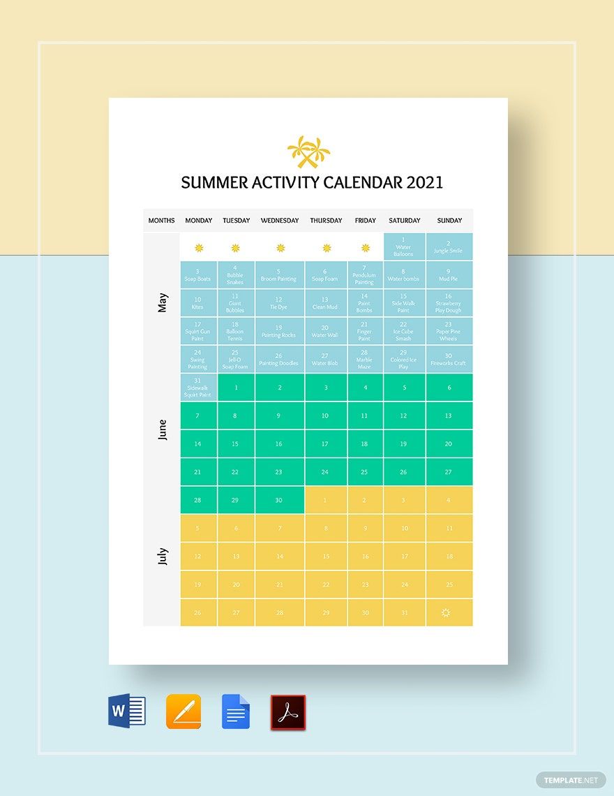 Summer Activity Calendar Template