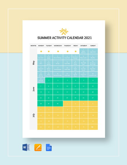 Summer Activity Calendar Template - Word | Google Docs | Apple Pages