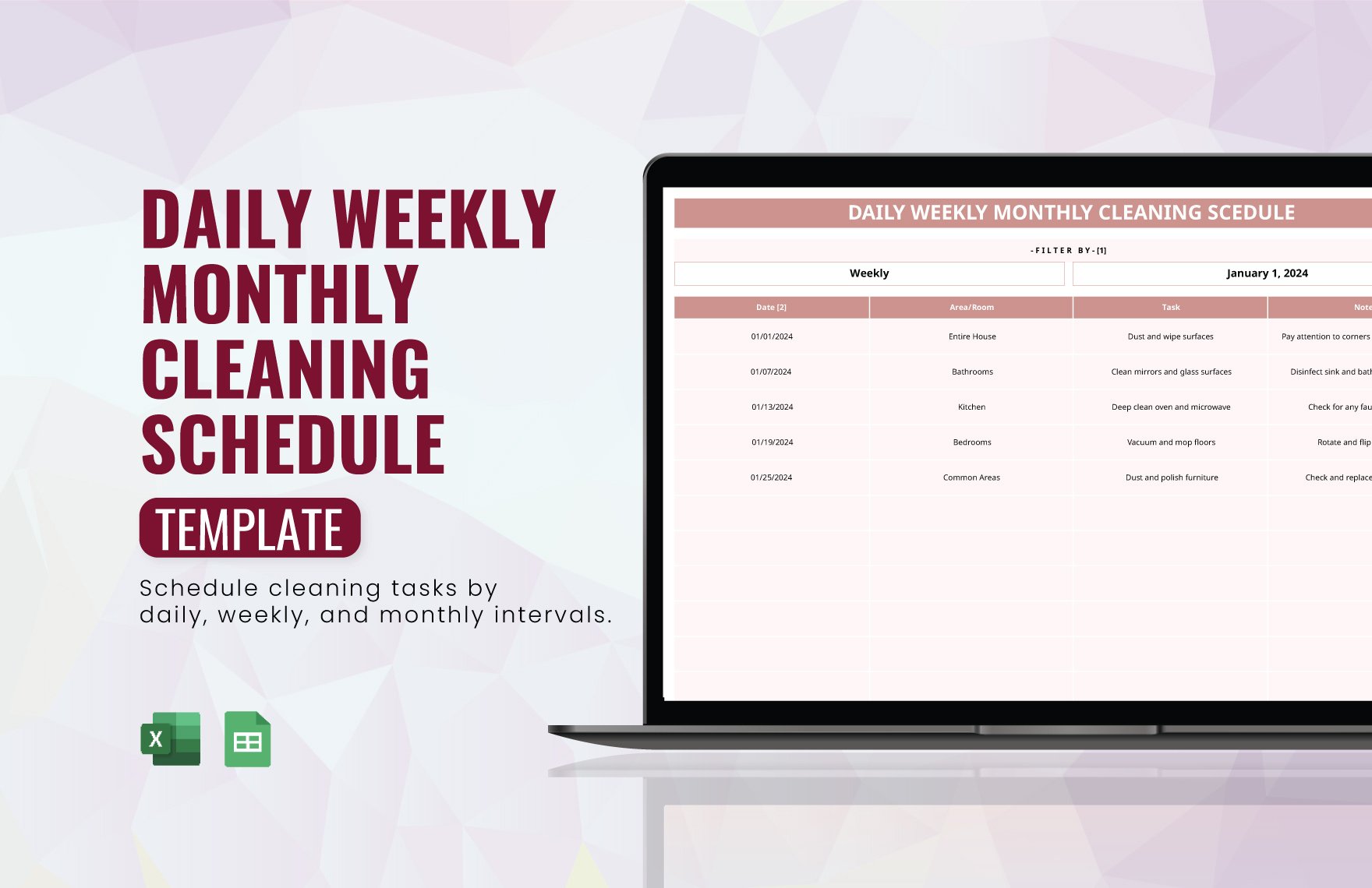 Daily Weekly Monthly Cleaning Schedule Template in Excel, Google Sheets