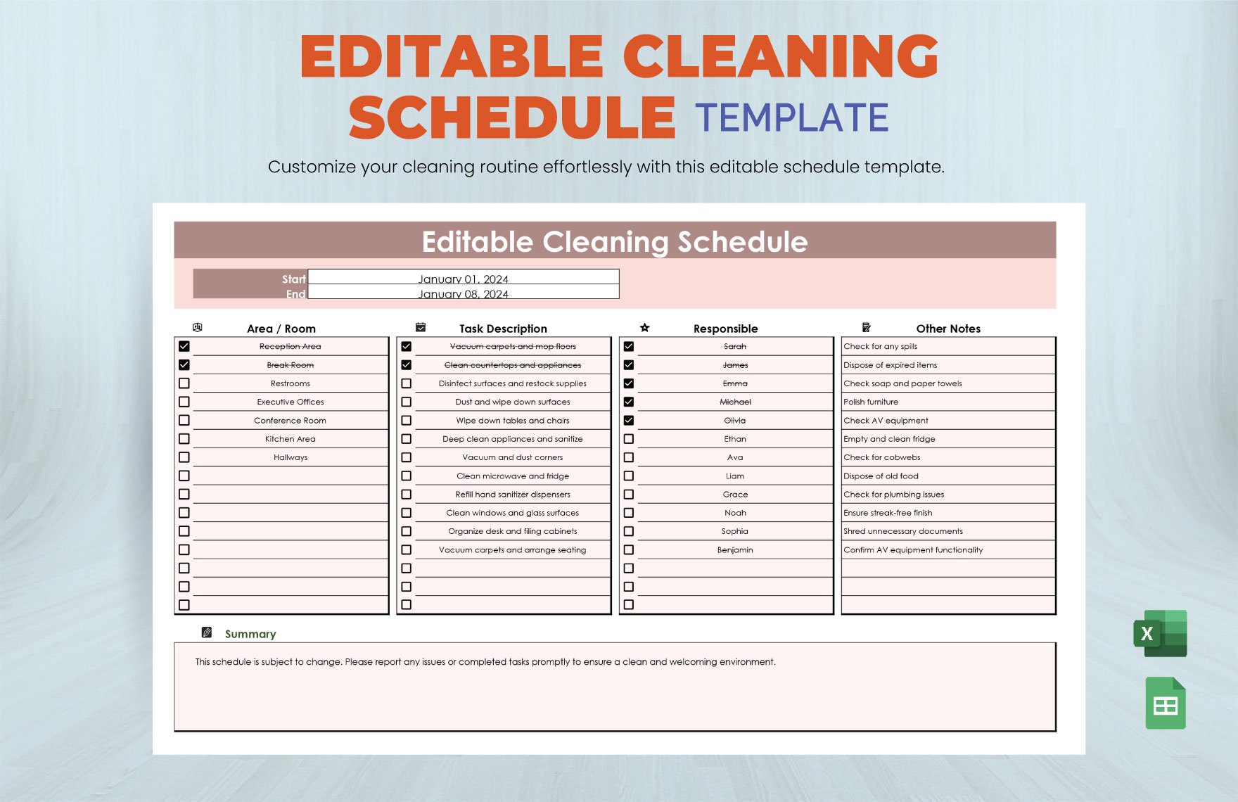 Free Editable Cleaning Schedule Template in Excel, Google Sheets