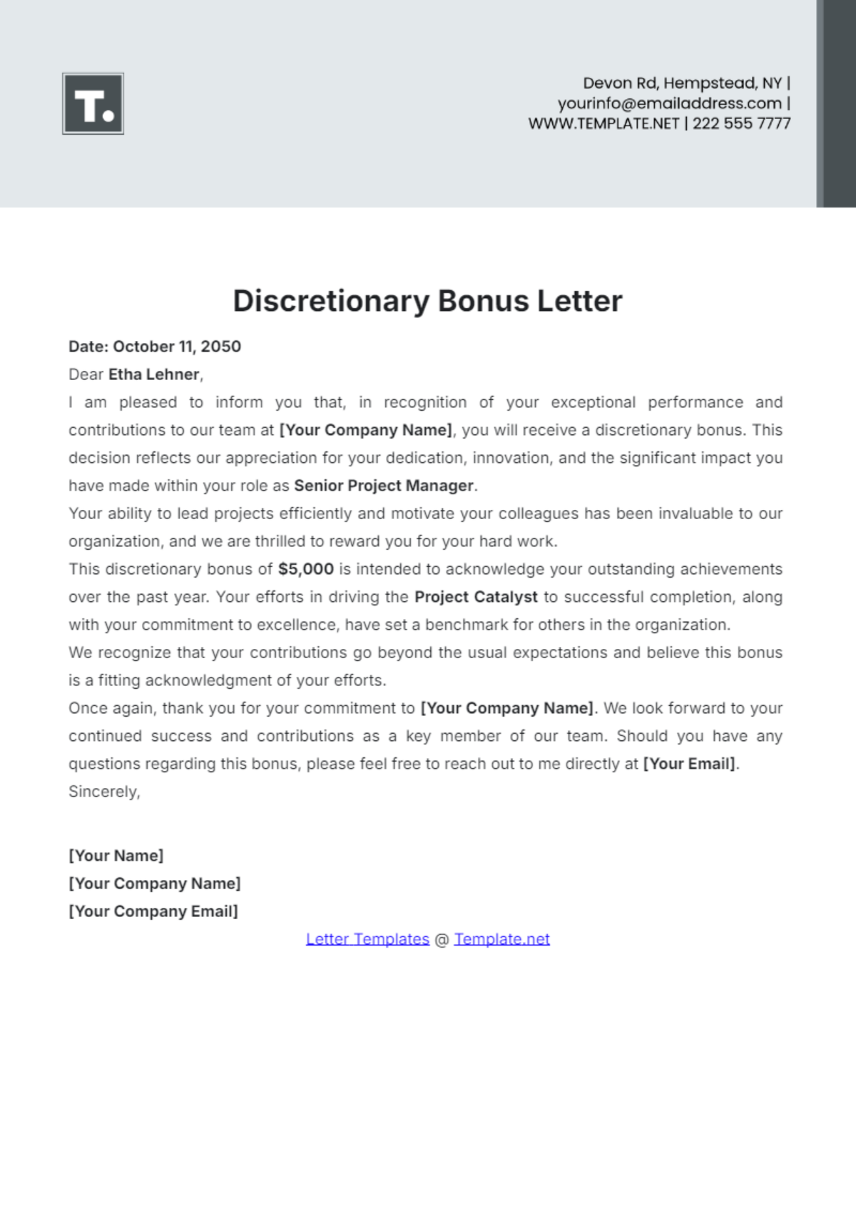 Discretionary Bonus Letter Template - Edit Online & Download