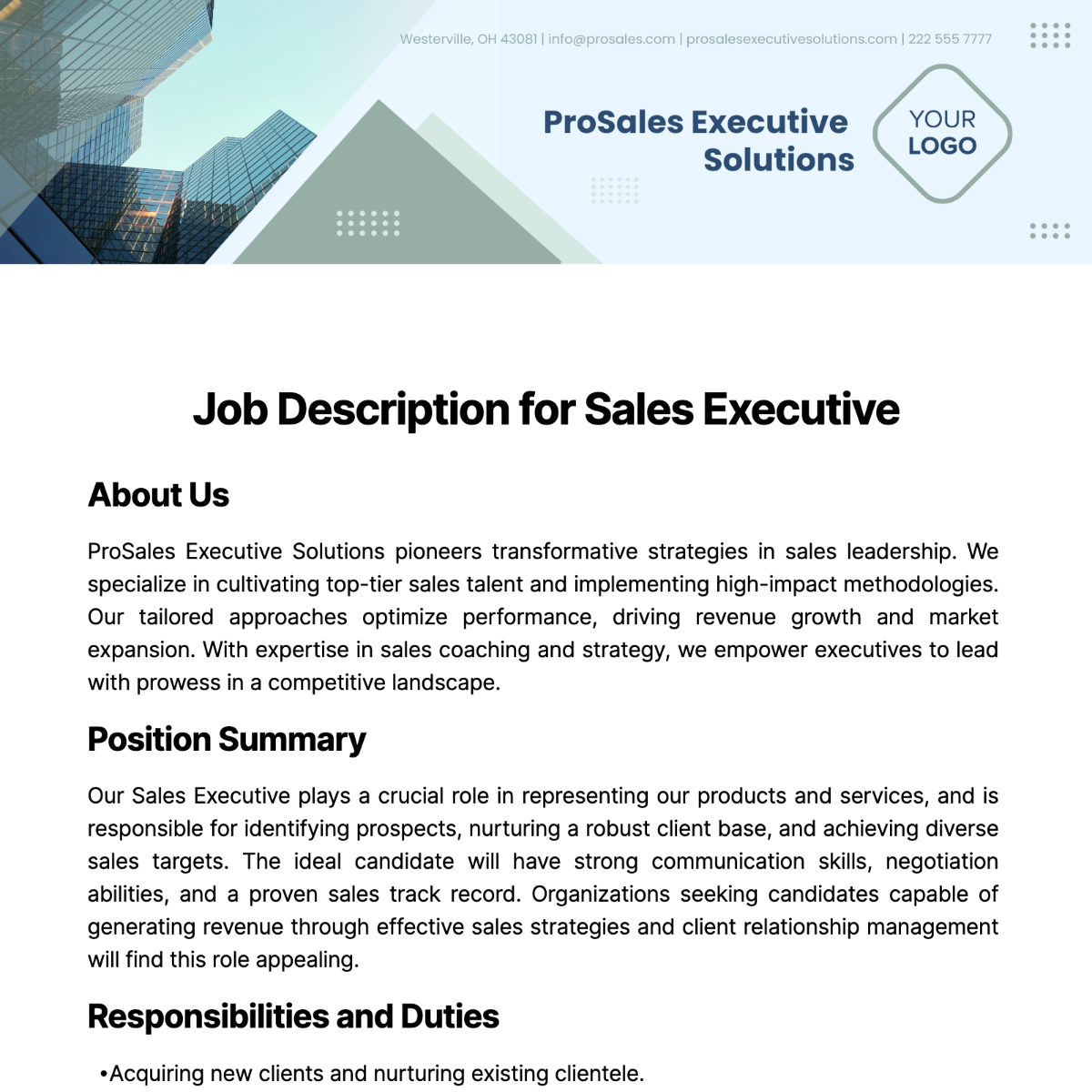 Job Description for Sales Executive Template
