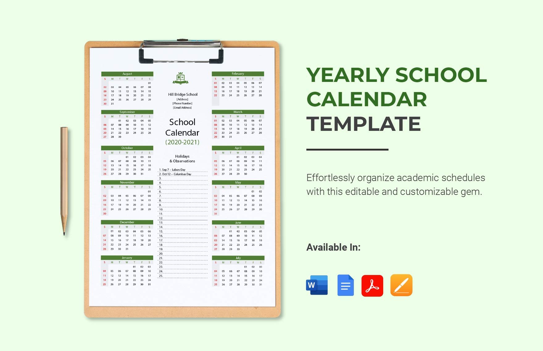 Yearly School Calendar Template