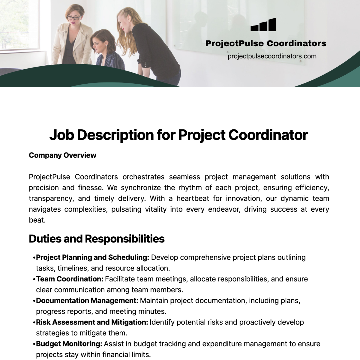 Job Description for Project Coordinator Template
