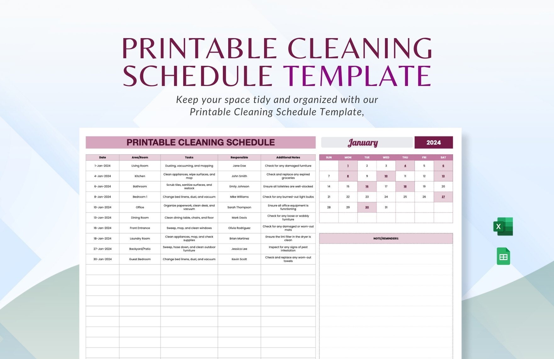 Printable Cleaning Schedule Template in Excel, Google Sheets
