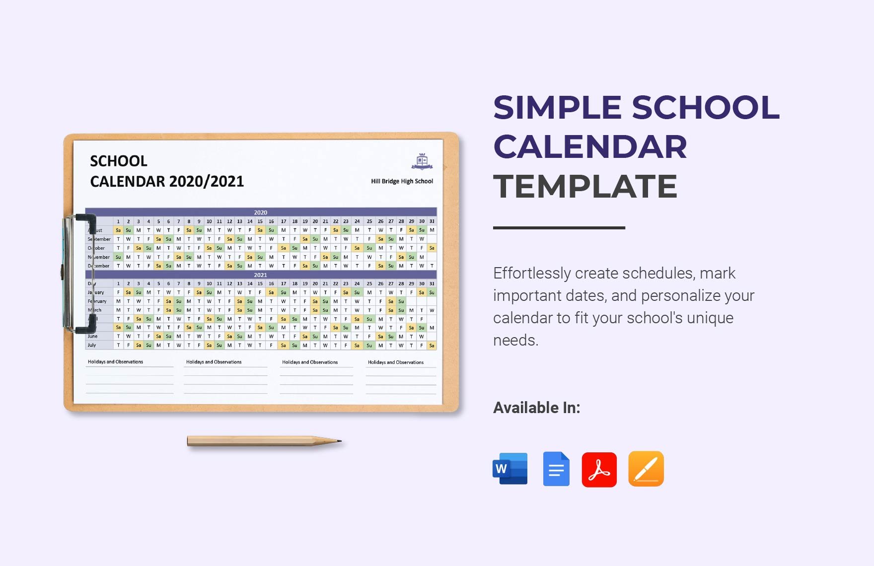Simple School Calendar Template
