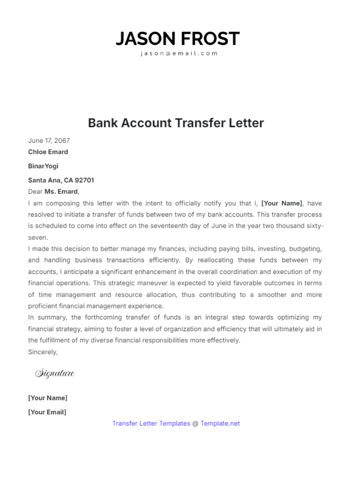 Bank Account Transfer Letter Template