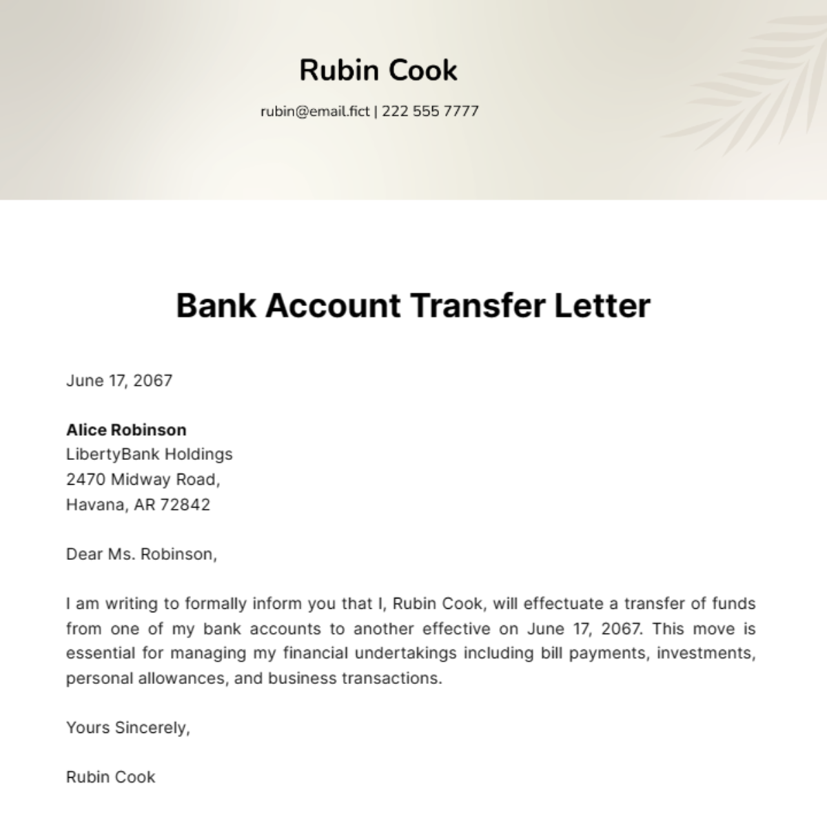 Bank Account Transfer Letter Template