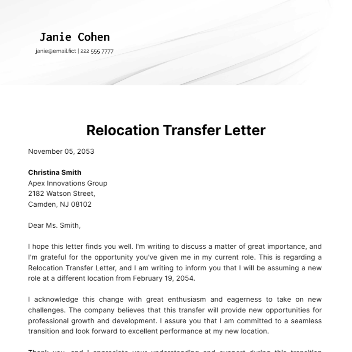 Free Relocation Transfer Letter Template