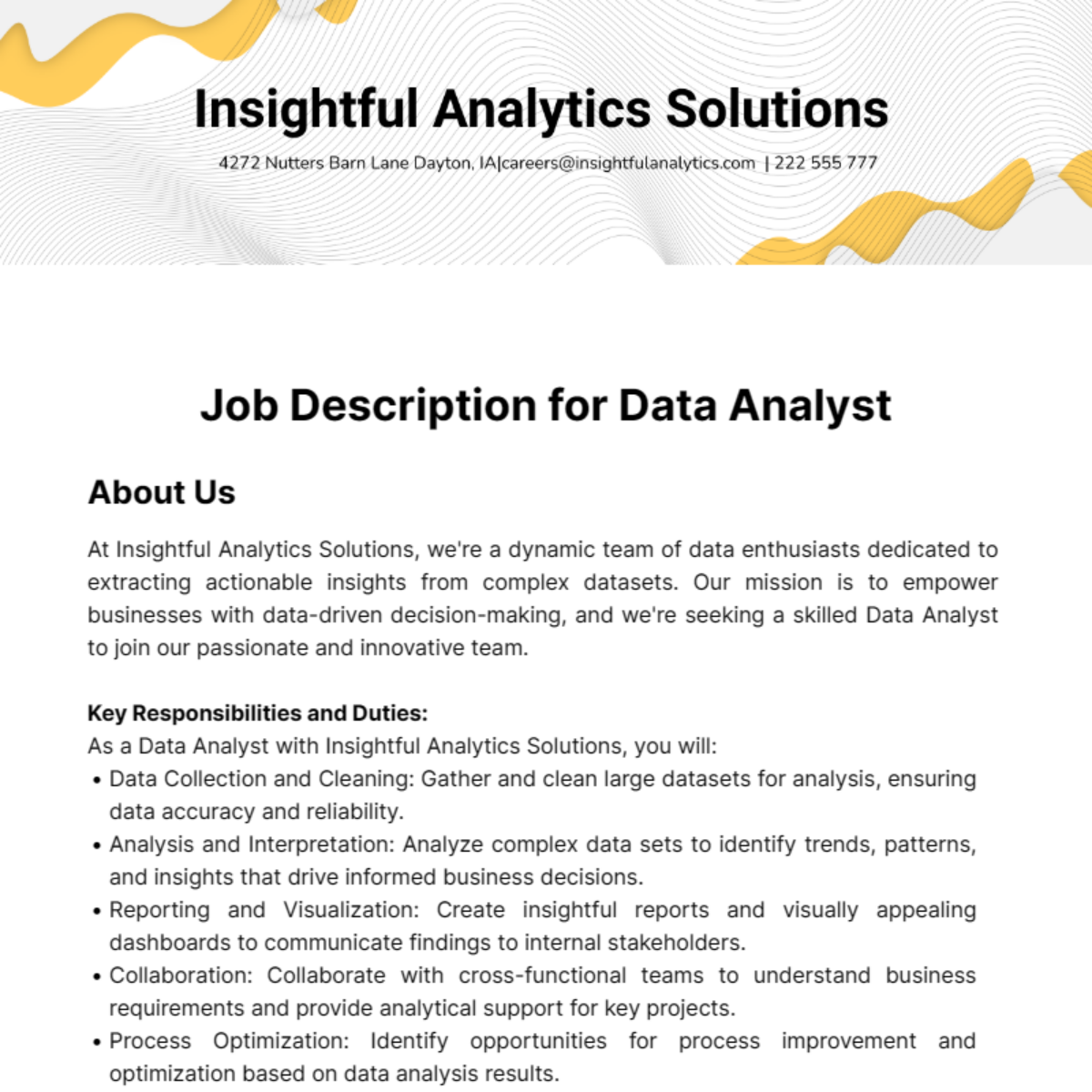 Job Description for Data Analyst Template