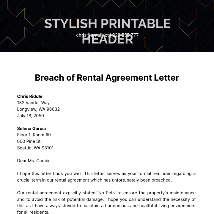 Breach of Rental Agreement Letter Template