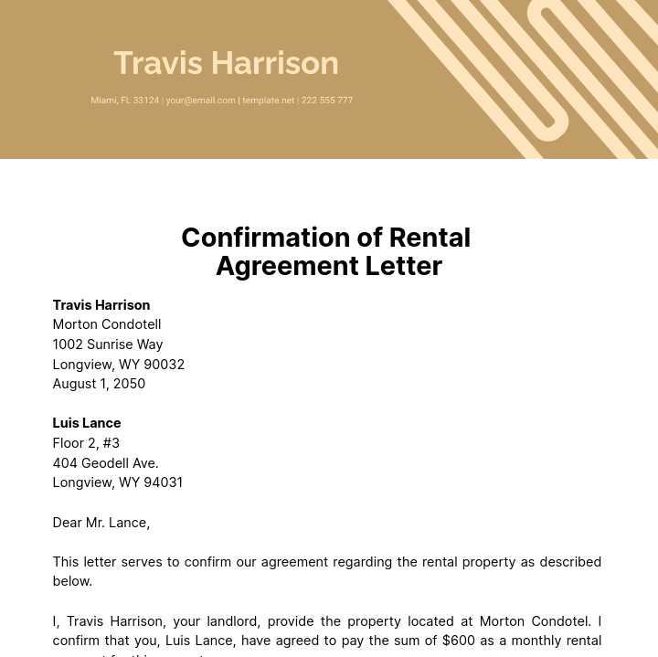 Free Confirmation of Rental Agreement Letter Template