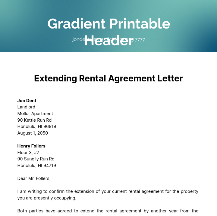 Free Extending Rental Agreement Letter Template