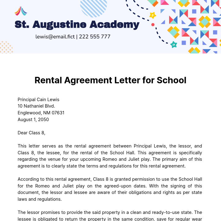 Free Rental Agreement Letter for School Template