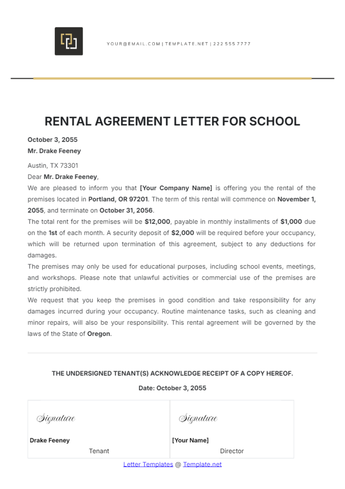 Rental Agreement Letter for School Template - Edit Online & Download