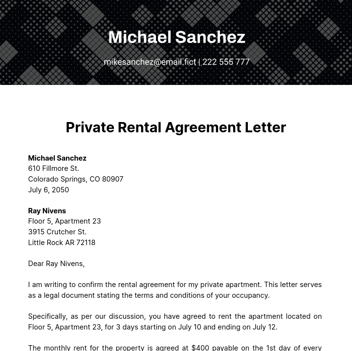 Private Rental Agreement Letter Template