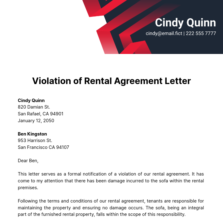 Violation of Rental Agreement Letter Template