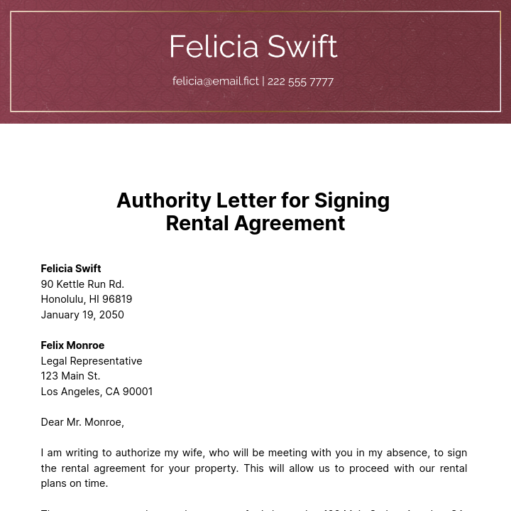 Authority Letter for Signing Rental Agreement Template