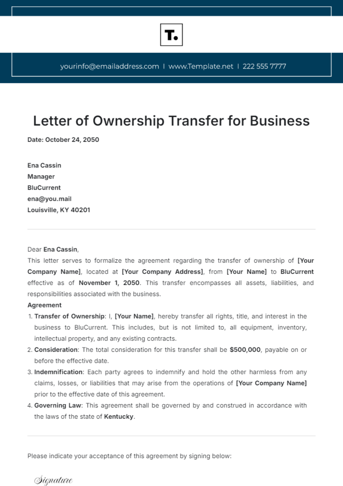 Letter of Ownership Transfer for Business Template - Edit Online & Download