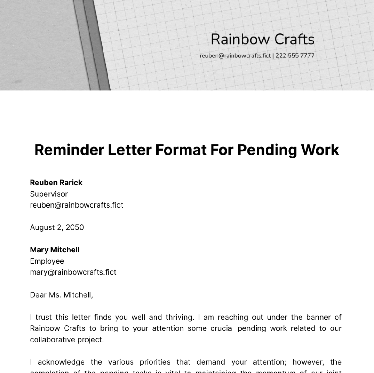 Reminder Letter Format for Pending Work Template