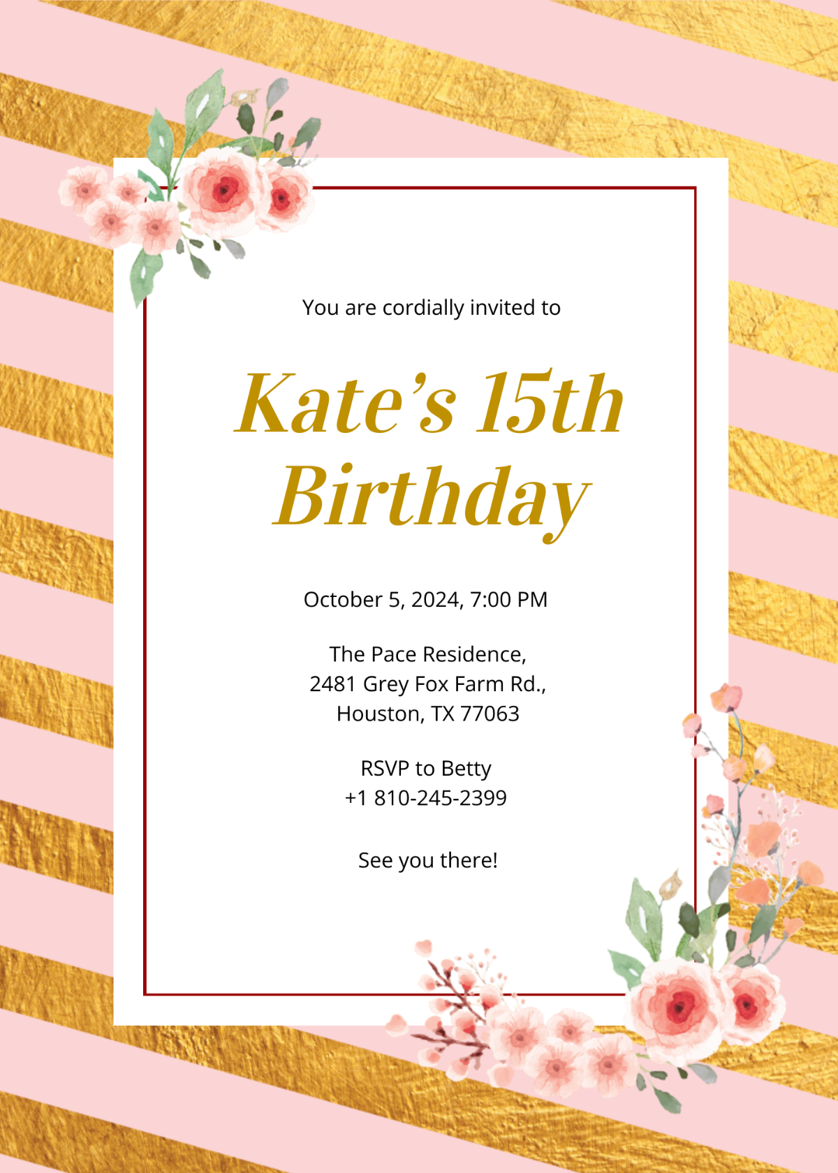 Free Pink and Gold Birthday Invitation Template