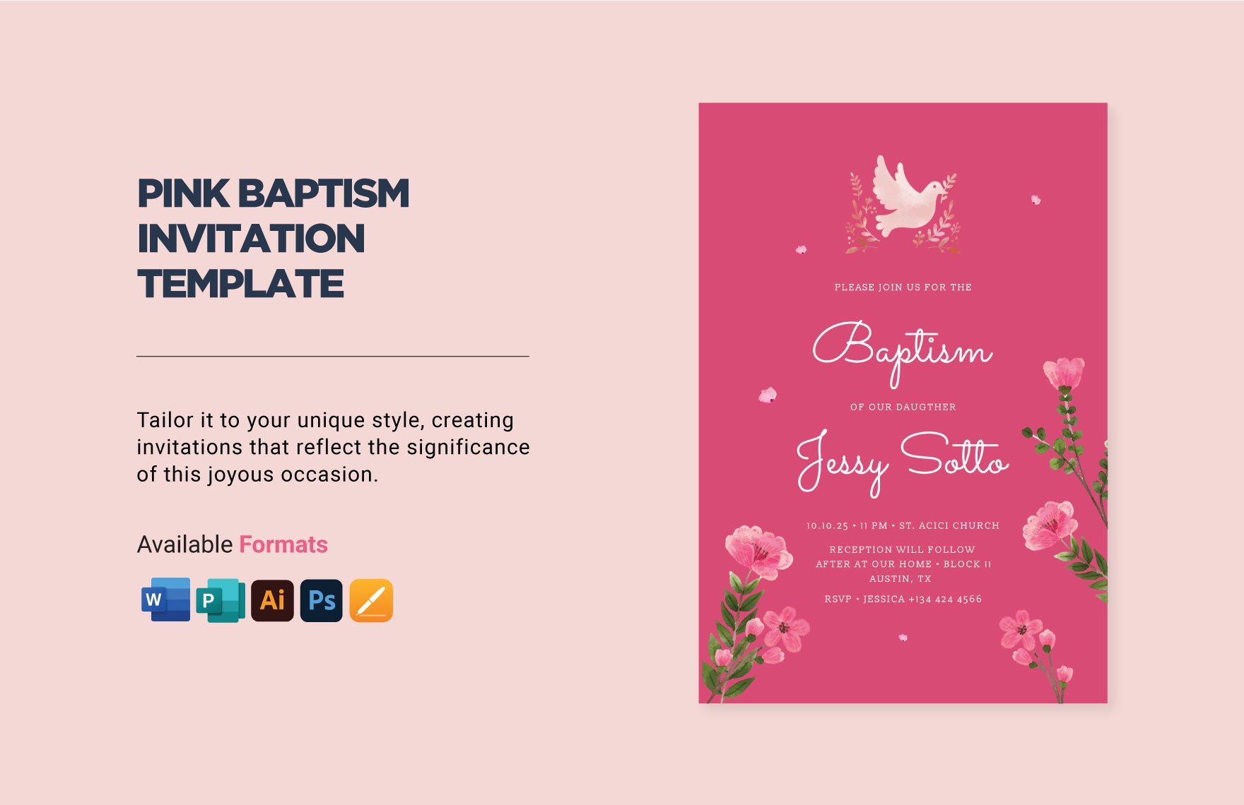 Pink Baptism Invitation Template