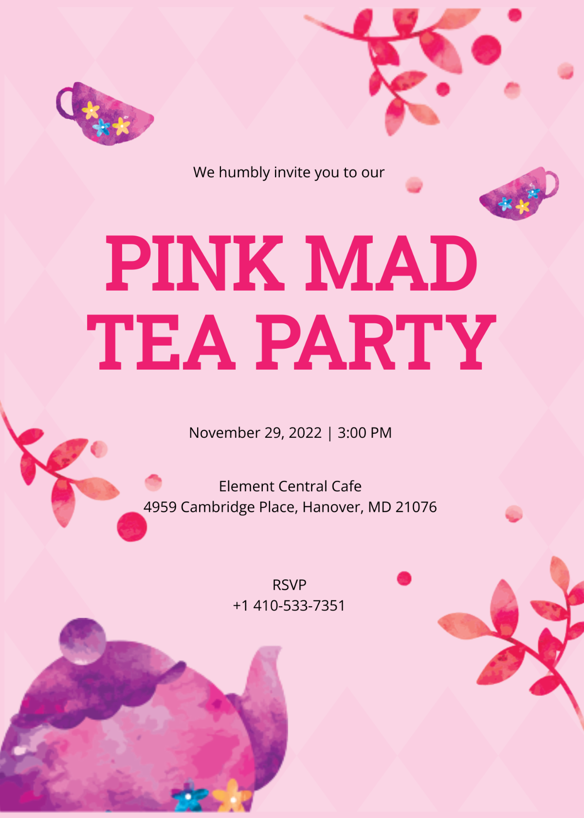 Pink Mad Tea Party Invitation Template