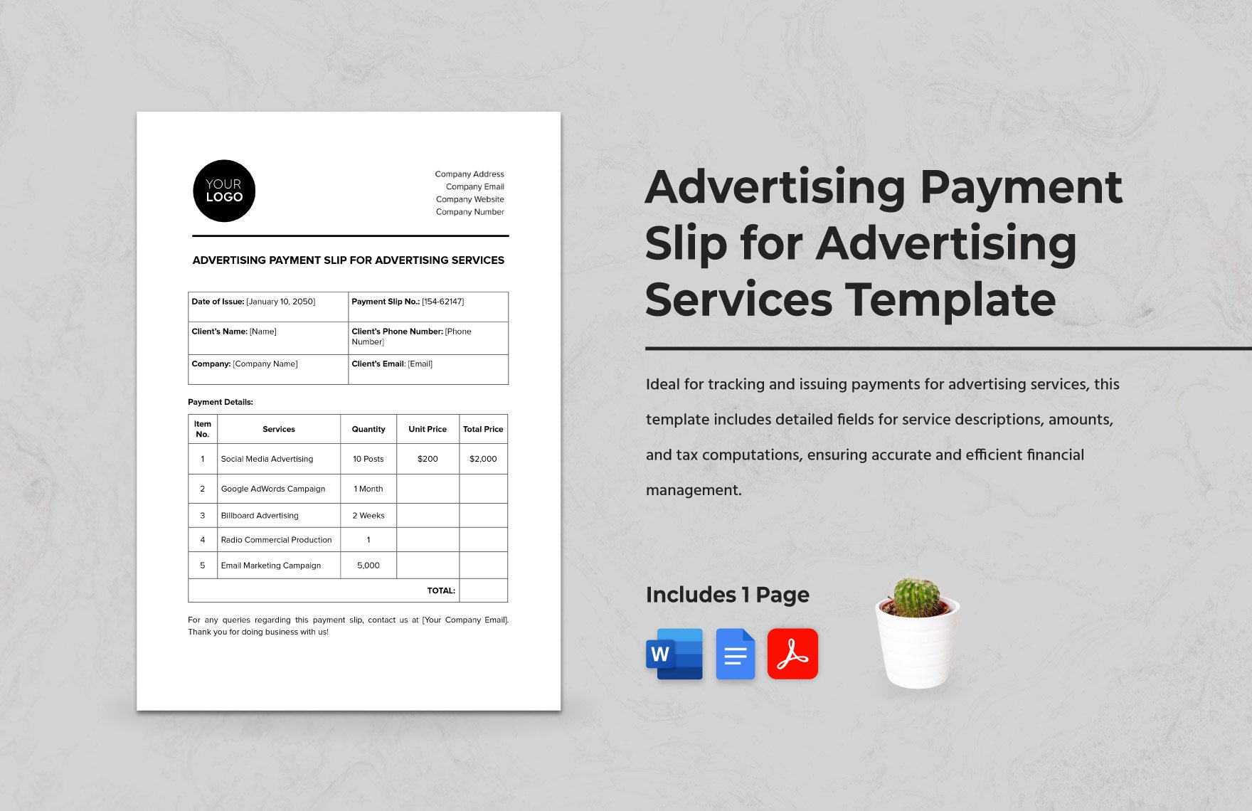 Advertising Payment Slip for Advertising Services Template in Word, Google Docs, PDF