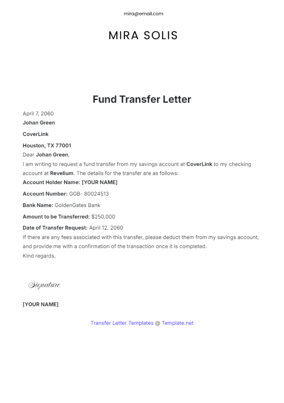 Fund Transfer Letter Template