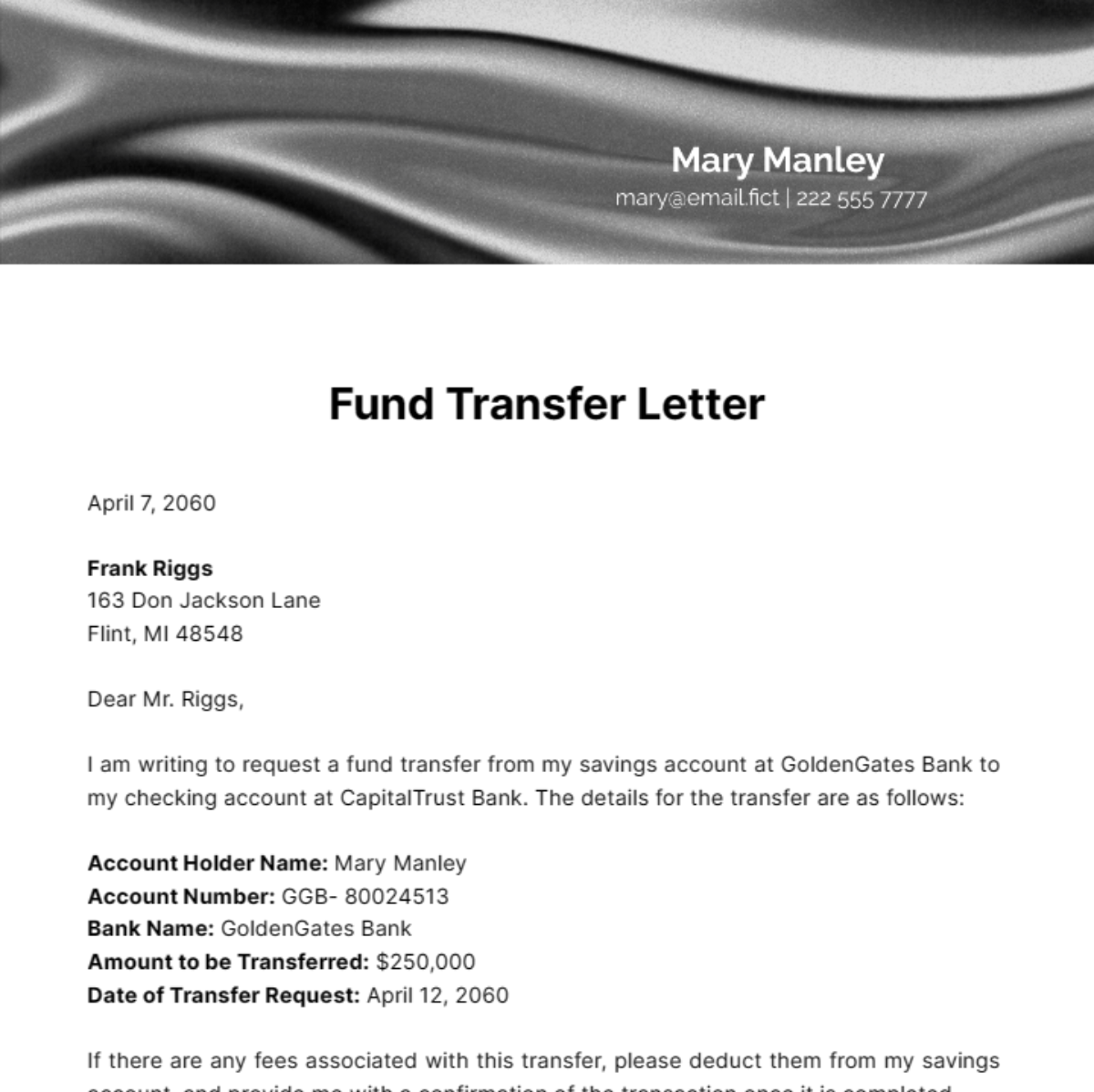 Free Fund Transfer Letter Template