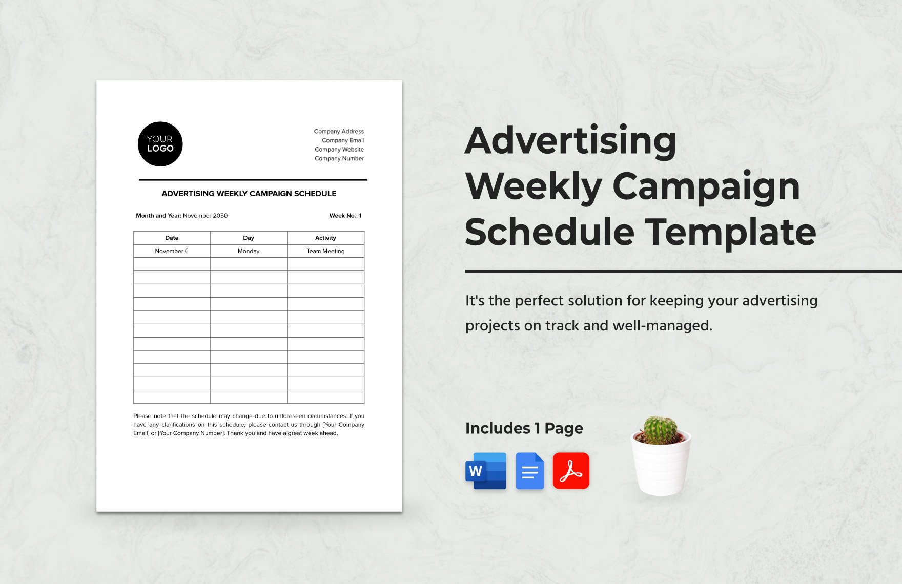 Advertising Weekly Campaign Schedule Template in Word, Google Docs, PDF