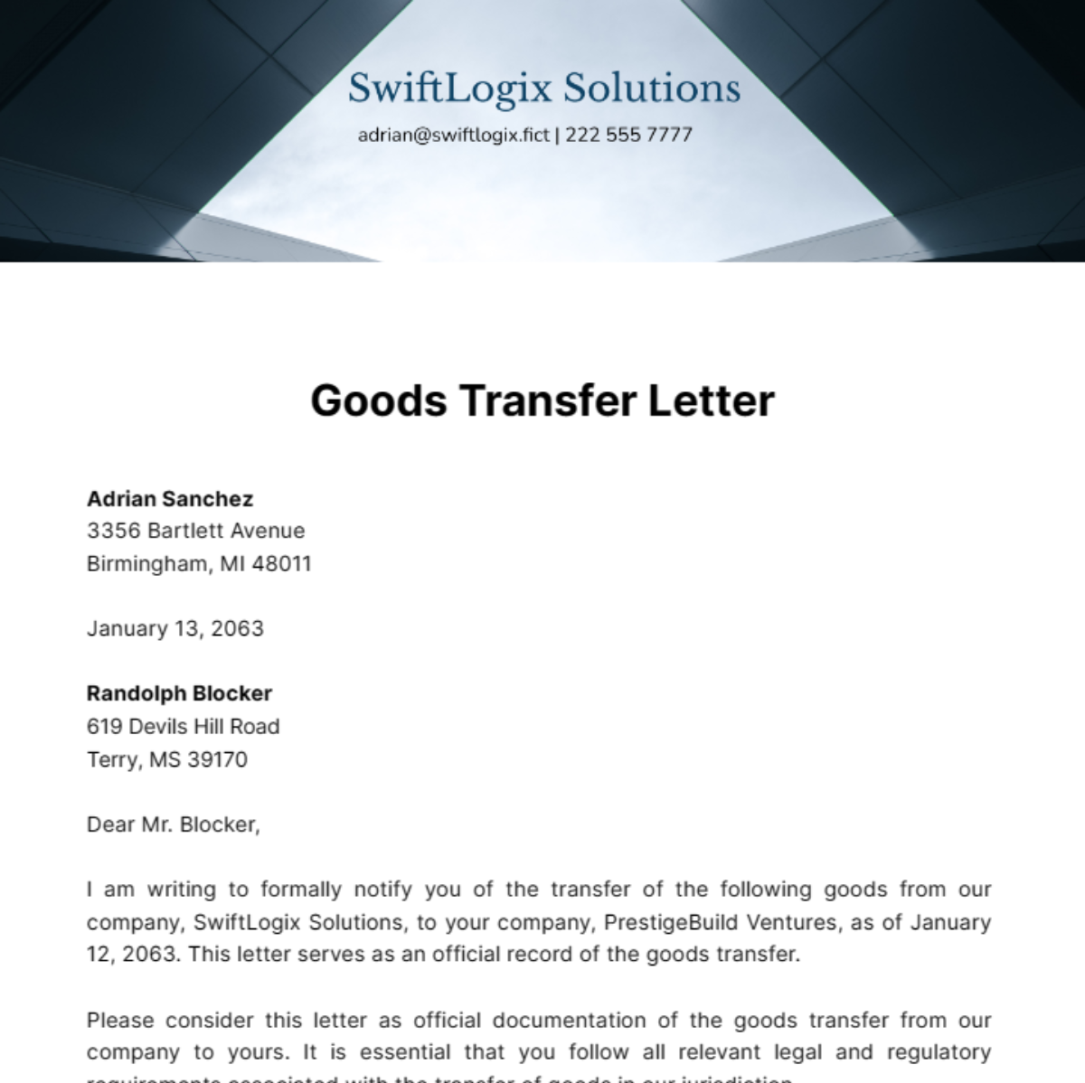 Free Goods Transfer Letter Template