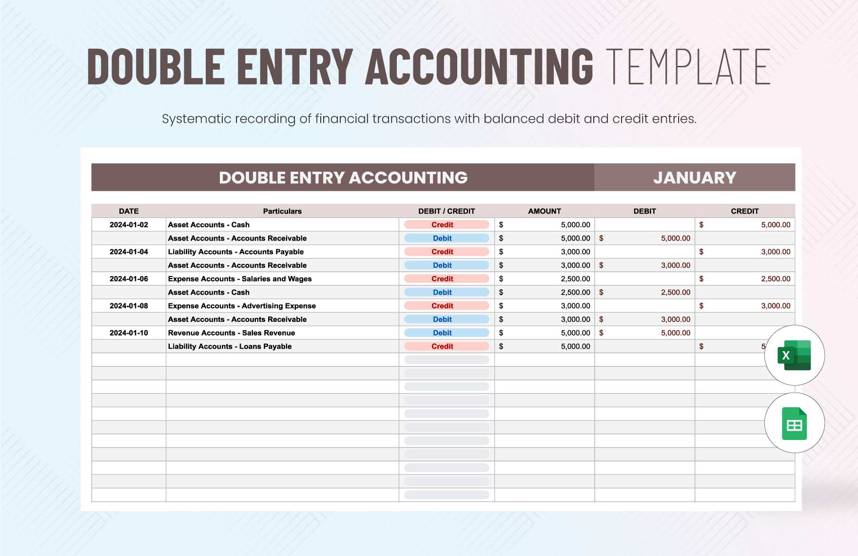 Double Entry Accounting Template in Excel, Google Sheets