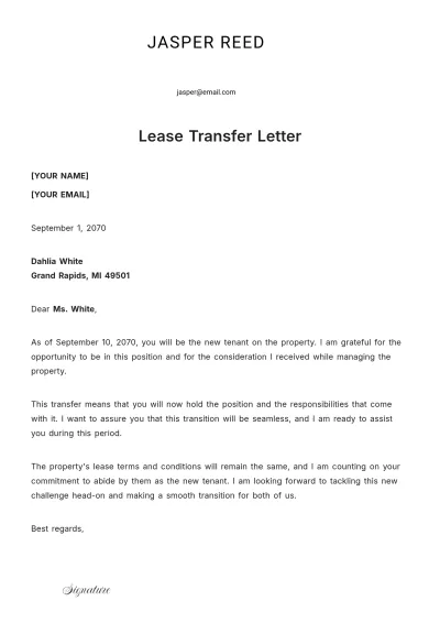 Free Lease Transfer Letter Template to Edit Online