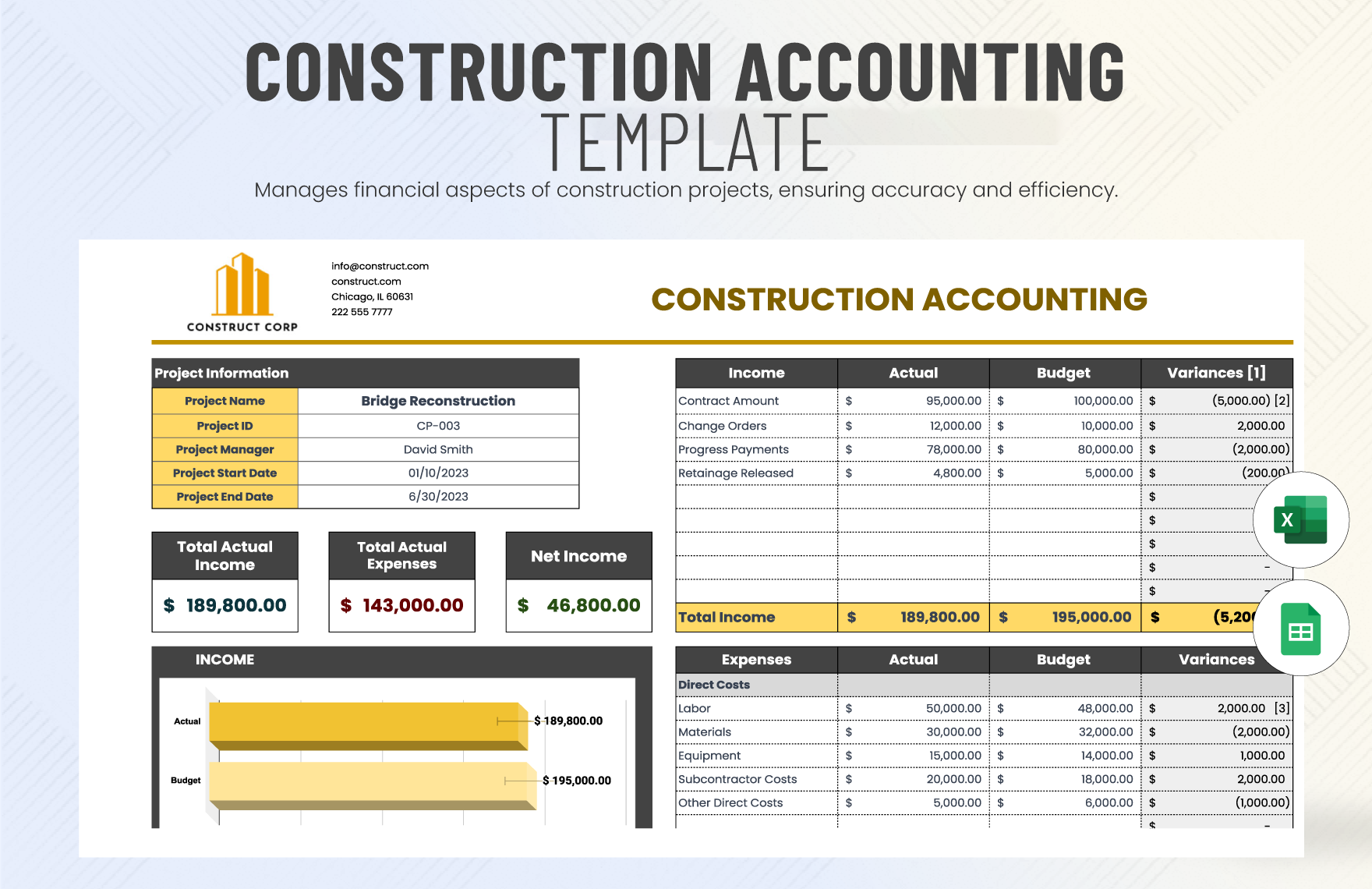 Construction Accounting Template in Excel, Google Sheets